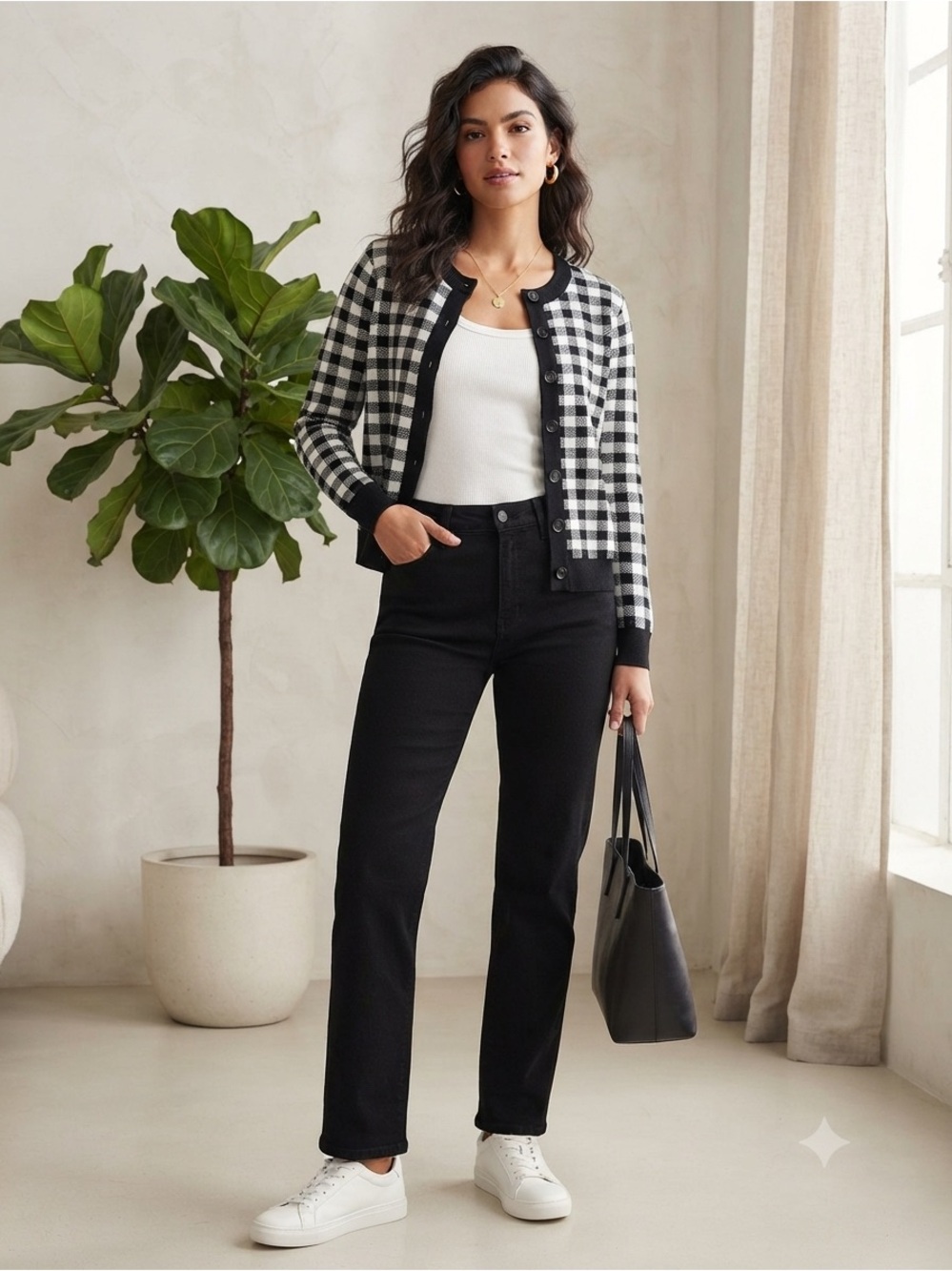 Glamorous Black & White Checkered Button-Up Cardigan